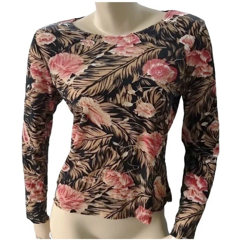 JTB Floral Top Womens Petite PL Sheer Long Sleeve Velvet Trim Stretch Slim